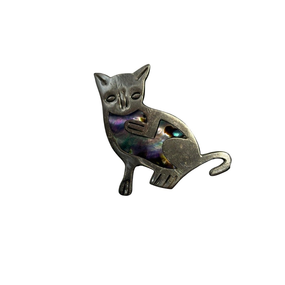 Vintage Mexico marked Silver Abalone Shell Inlay Kitty Cat Kitten Brooch Pin